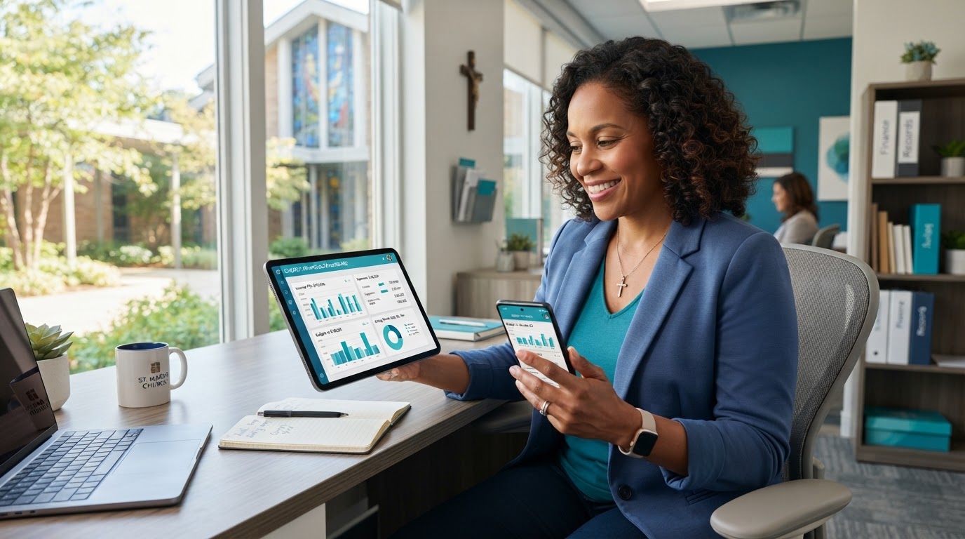 Church administrator reviewing finances on a mobile device