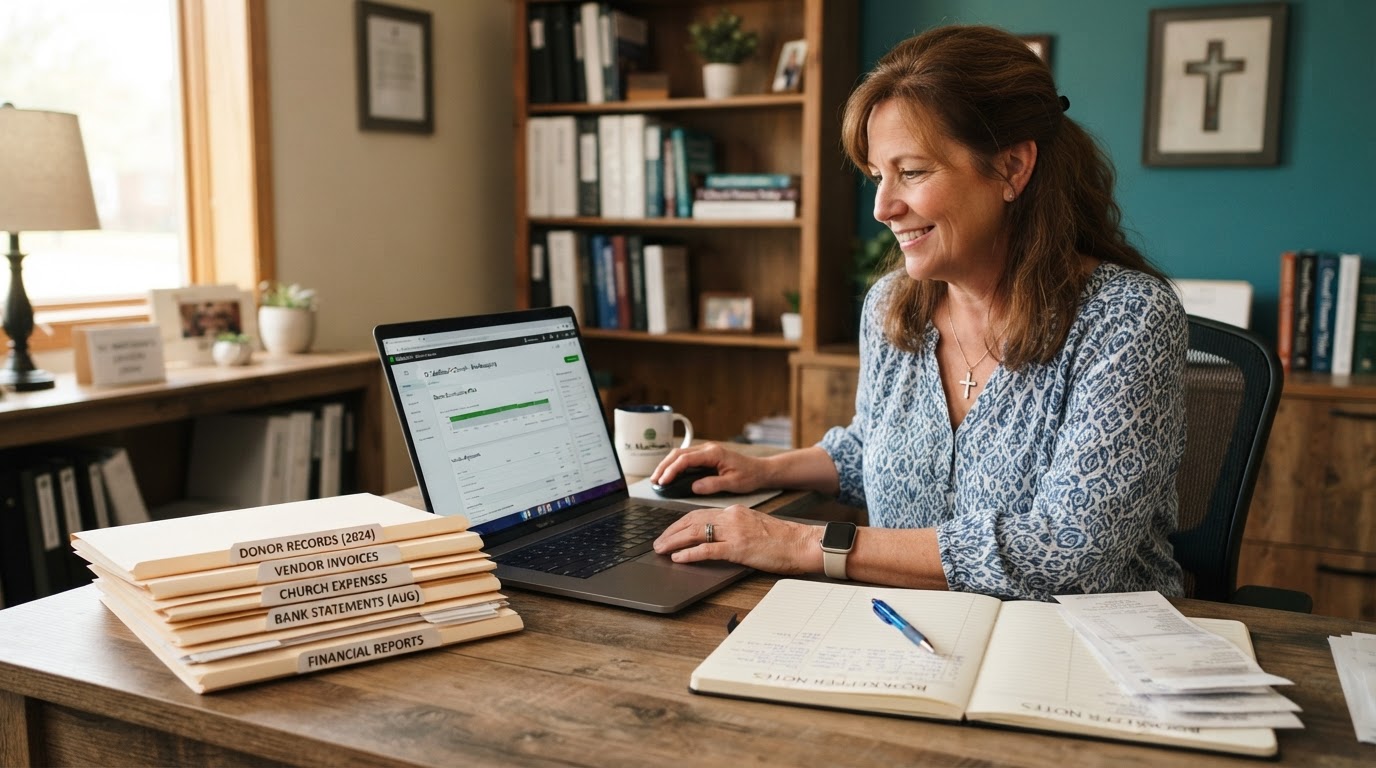 Church bookkeeper organizing donor and vendor records