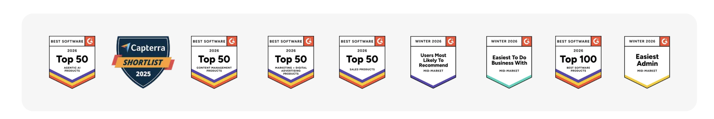 G2 and Capterra Industry Recognition Awards: Top 50 AI Products, Capterra Shortlist 2025, Top 50 CMS, Marketing, Sales, Most Recommended, and Easiest Admin
