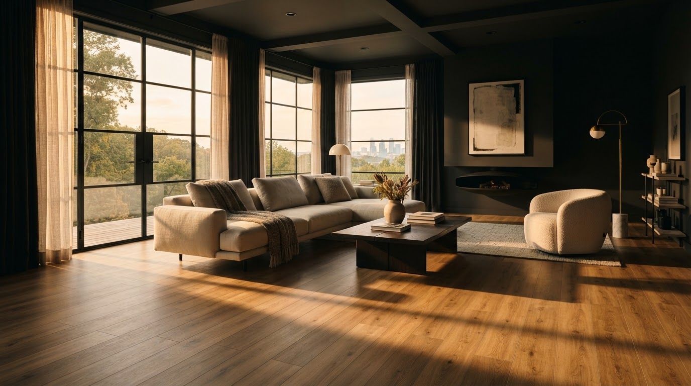 Premium luxury vinyl plank flooring installed in a modern Lawrence, KS living room