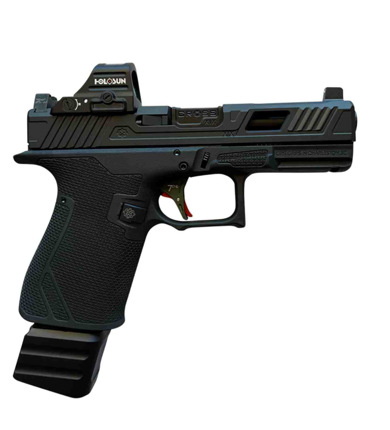 Two bronze-finished custom pistols by Precise Arms.