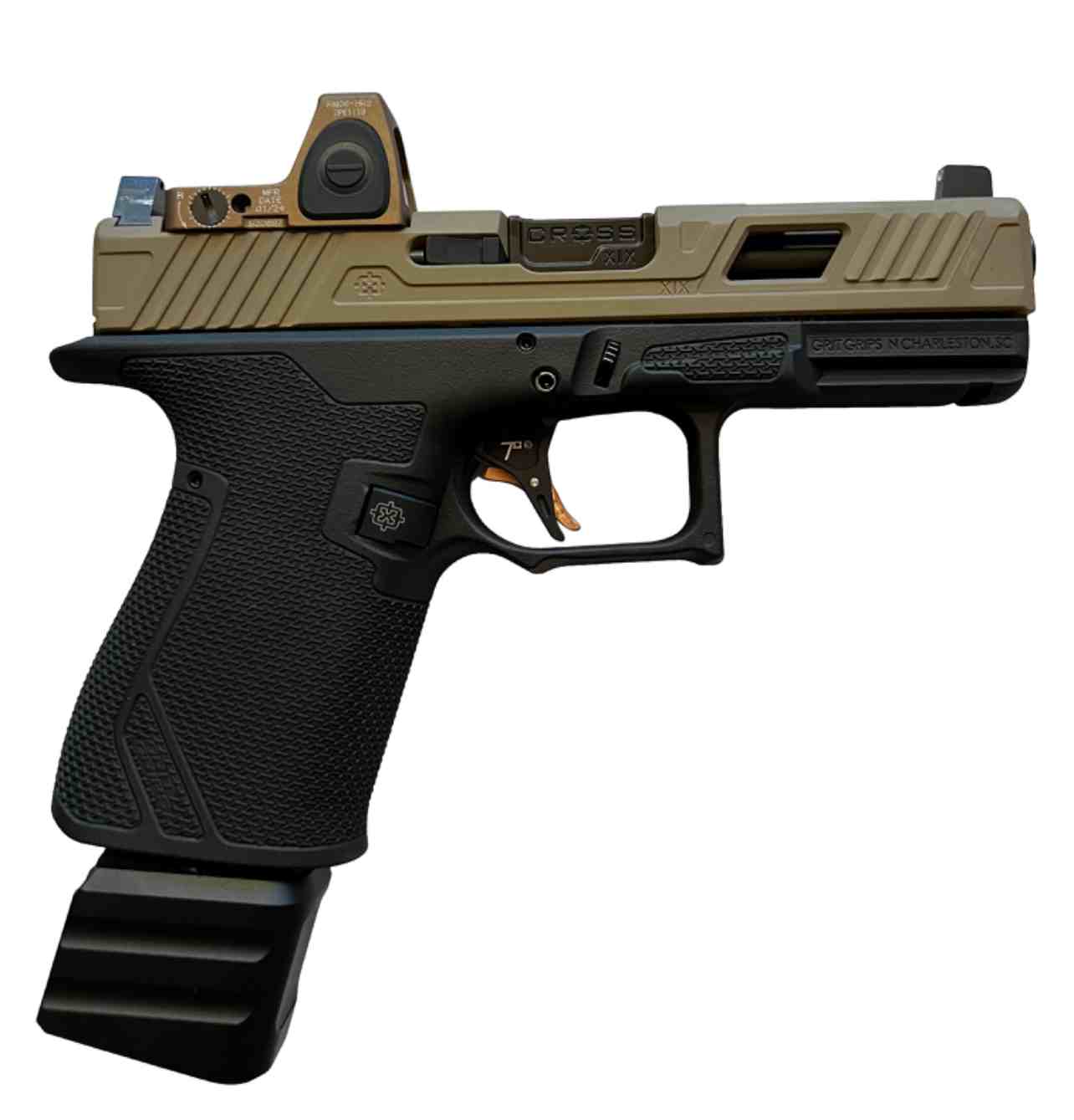 Tan and black custom Precise Arms pistol with optic and mounted light.