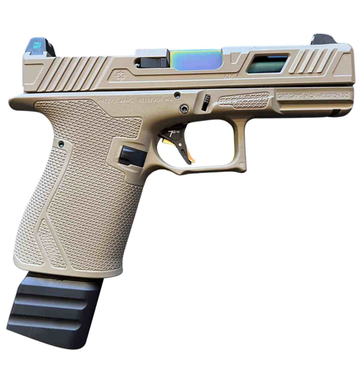 Bronze-finished custom Precise Arms pistol with extended magazine.