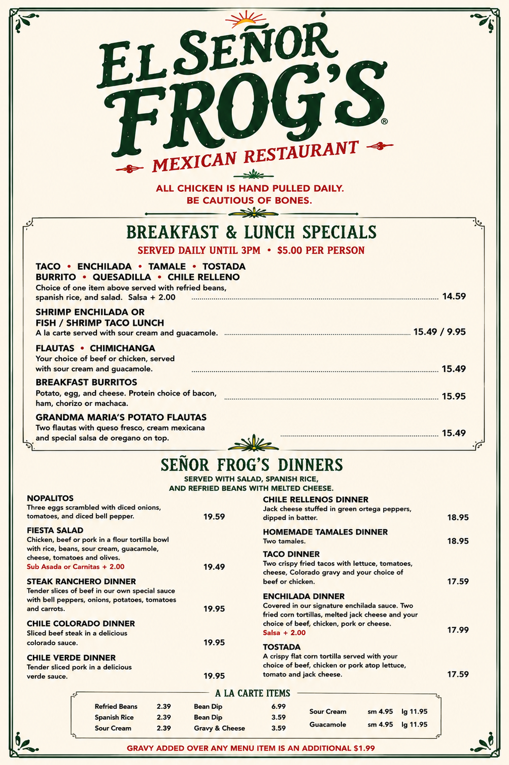 El Señor Frog's Stockton CA - Authentic Mexican Menu Page 1 - Tacos, Burritos, Margaritas