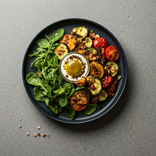A close-up photograph of a vibrant Mediterranean dish featuring roasted vegetables, fresh greens, and artisanal olive oil drizzled on top.