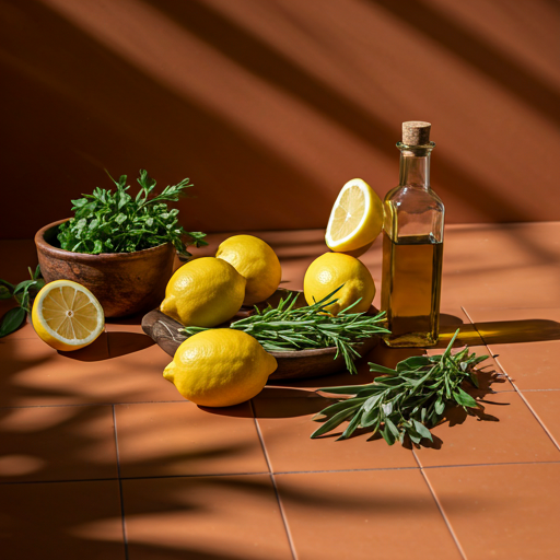 A lush still life of fresh lemons, herbs, and cold-pressed olive oil on a terracotta tiled surface.
