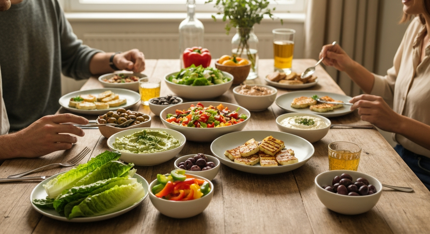 A beautiful Mediterranean meal shared among friends at a rustic wooden table