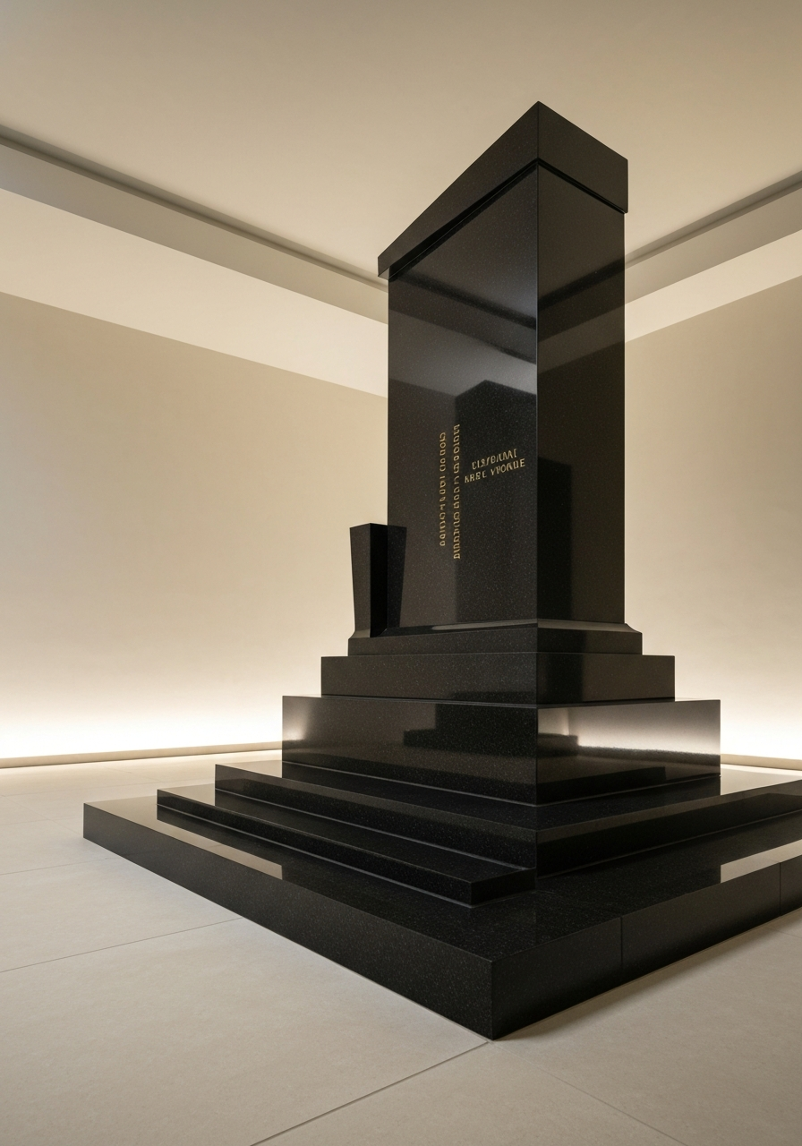 Composition artistique autour d’un monument funéraire en pierre, dans un univers sobre et haut de gamme.