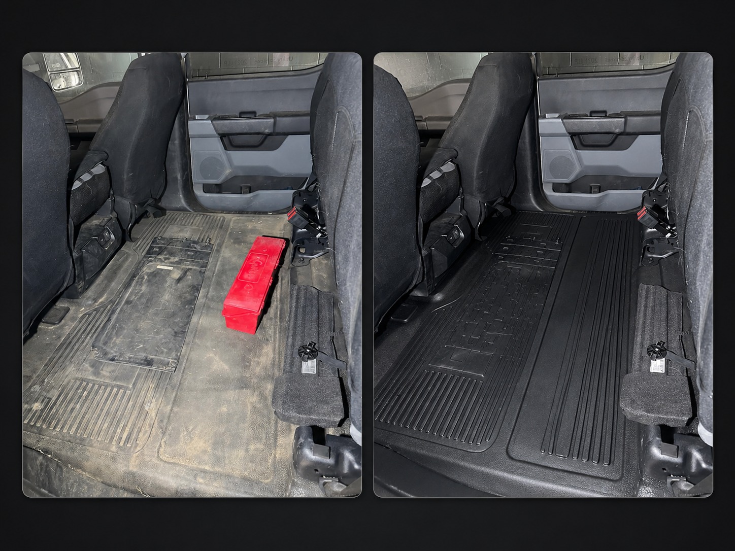 Truck rear floor before and after detailing in Kelowna BC