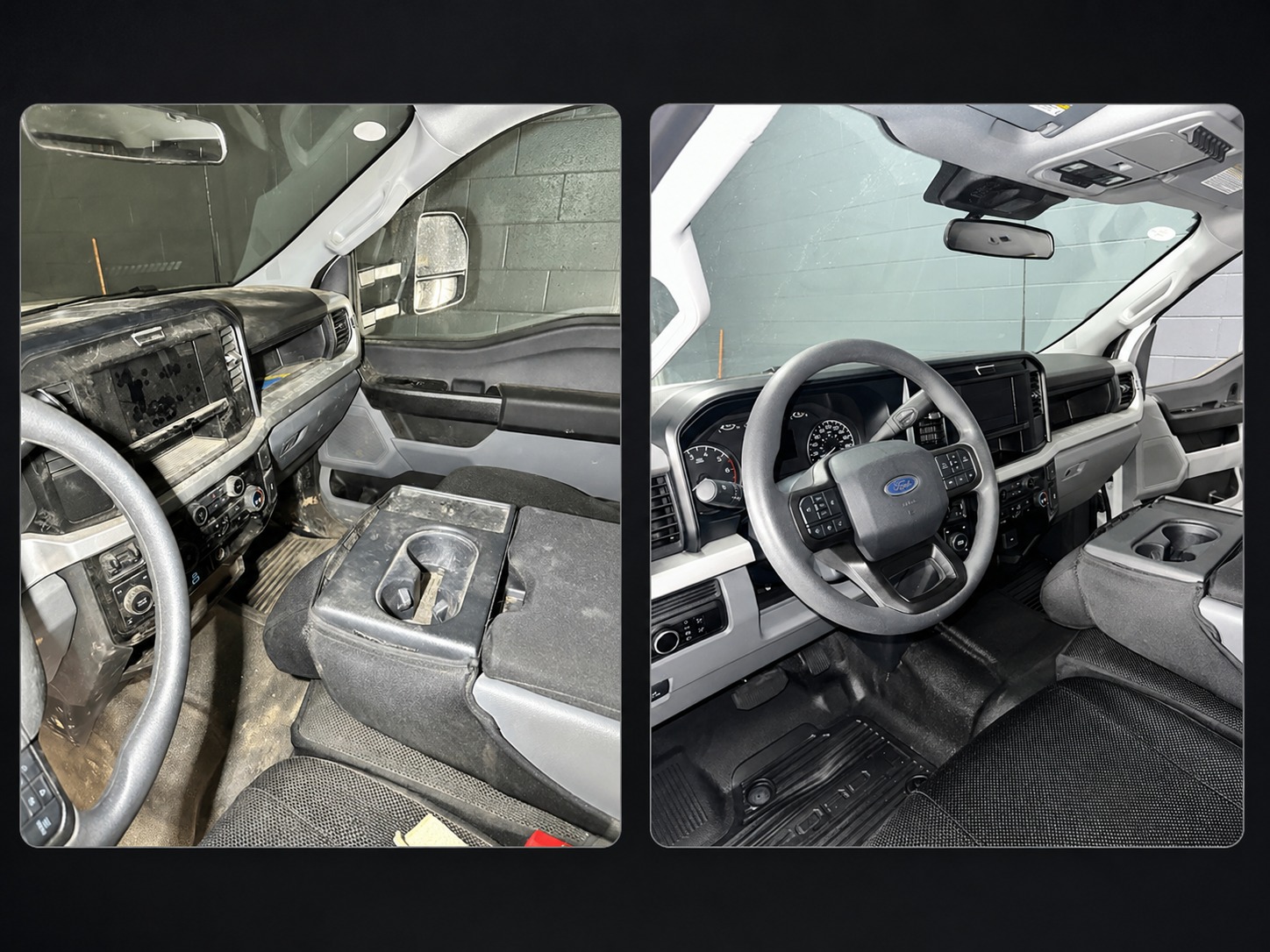 Truck front interior before and after detailing Kelowna