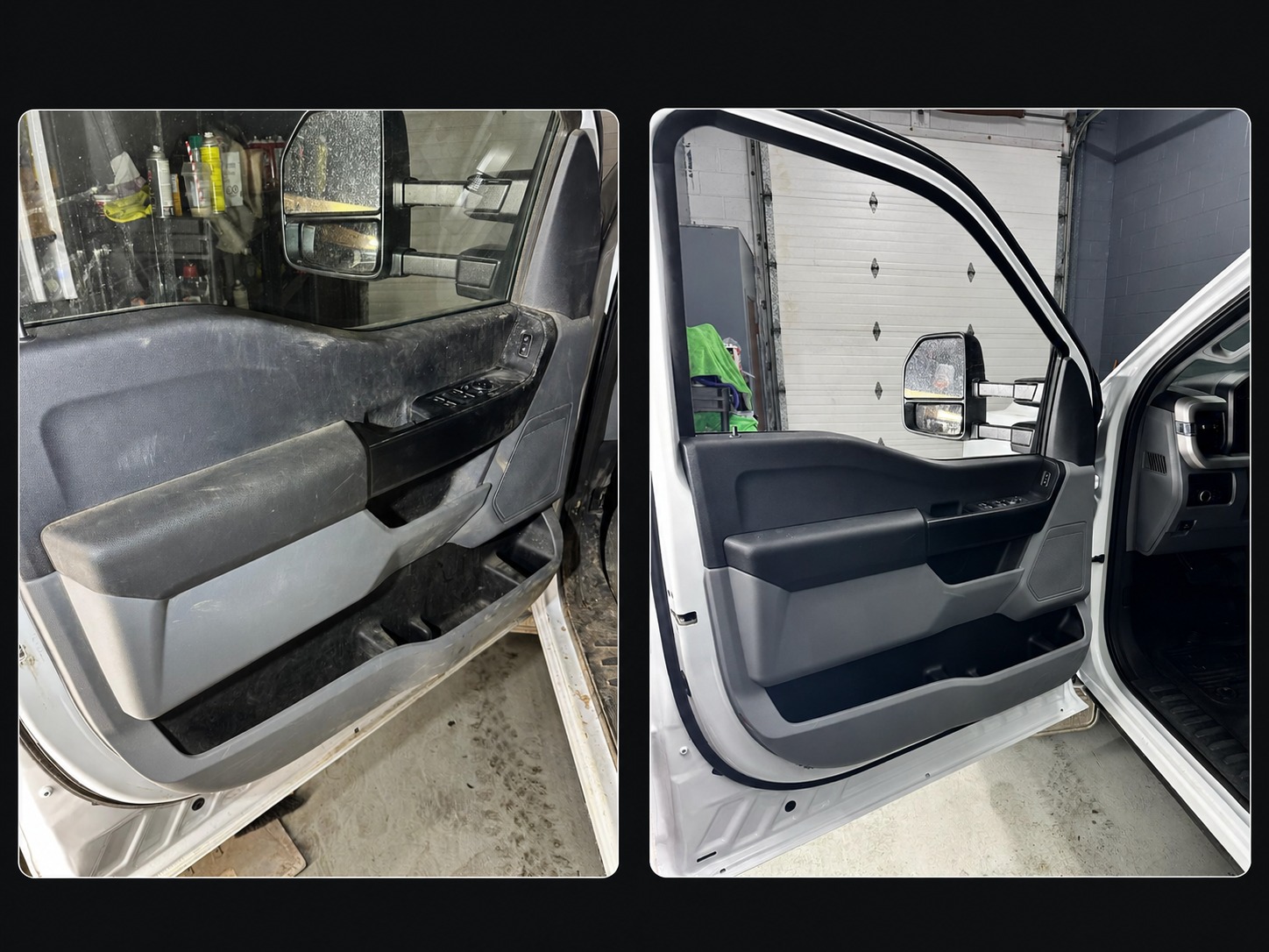 Truck door panel before and after detailing