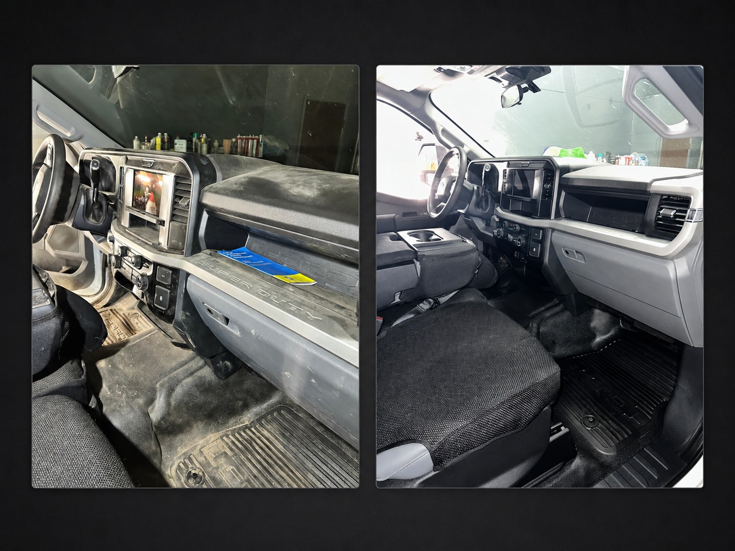 Truck interior dash before and after detailing