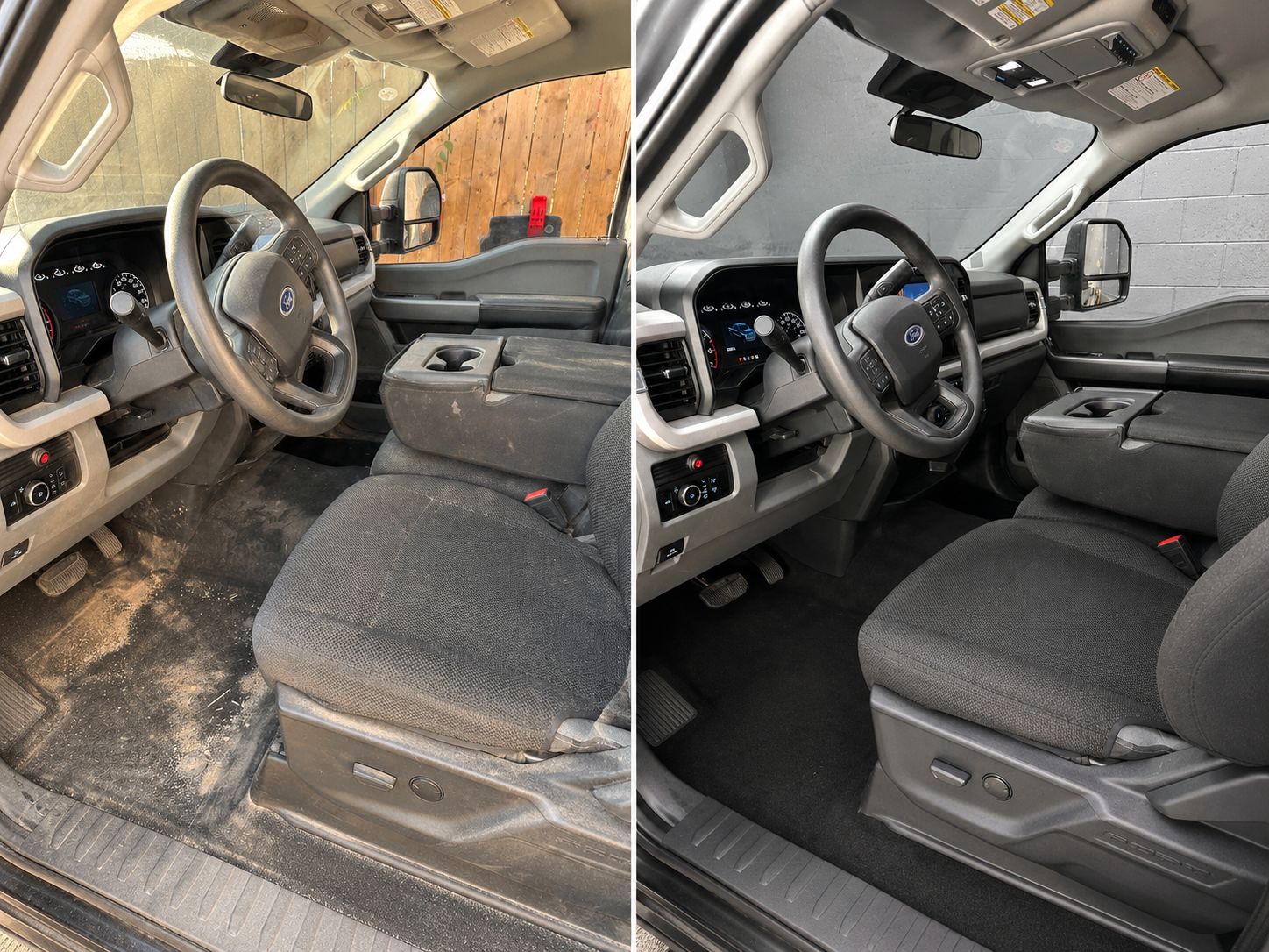 Truck interior driver side before and after detailing