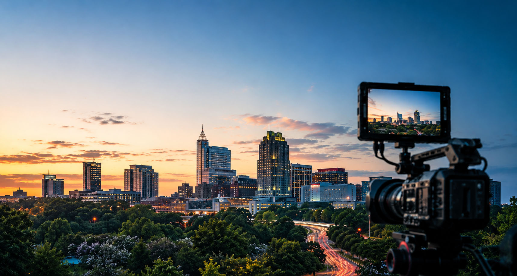 Raleigh video production set with skyline
