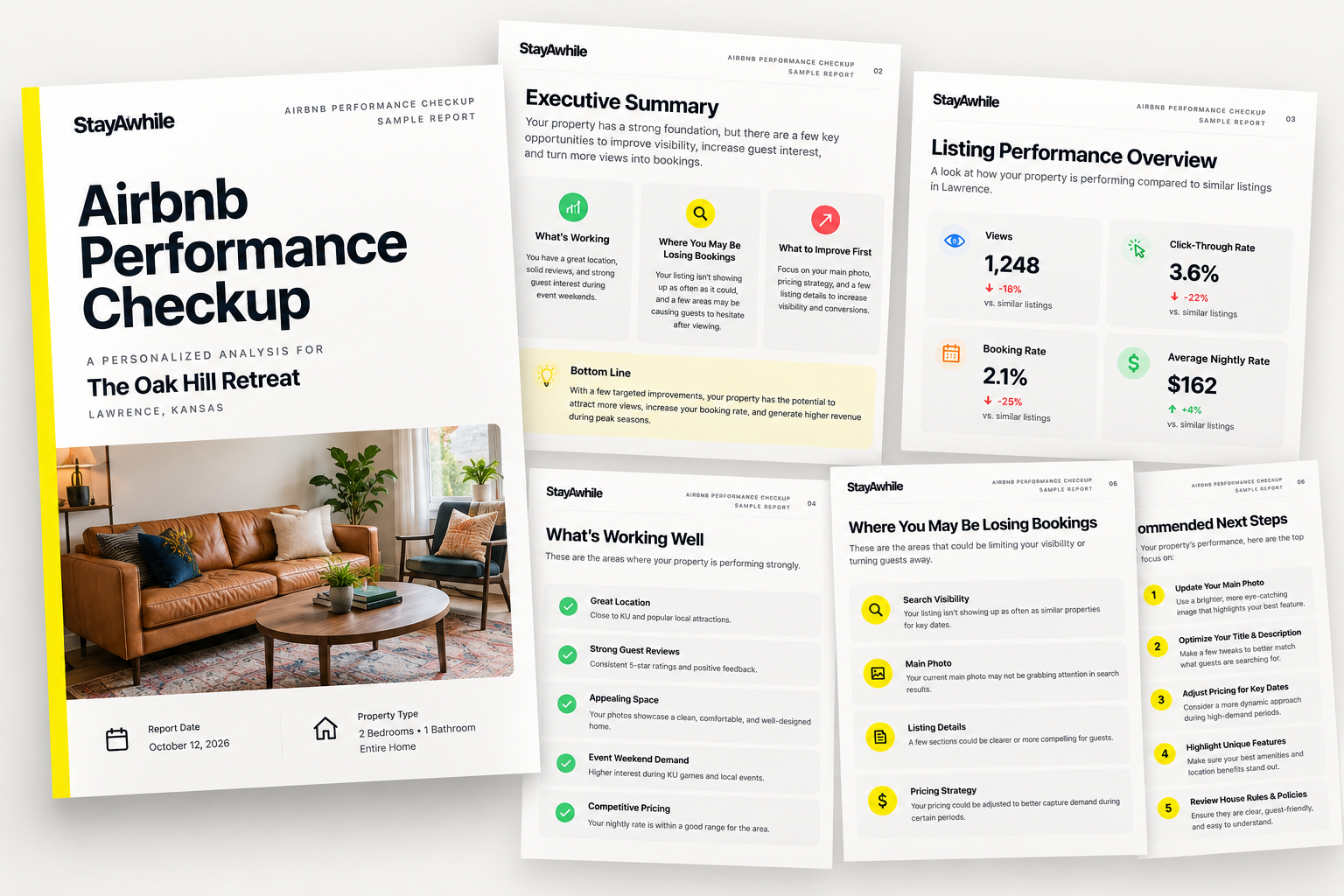 StayAwhile Airbnb Performance Checkup Sample Report showing executive summary, listing performance overview, and recommended next steps
