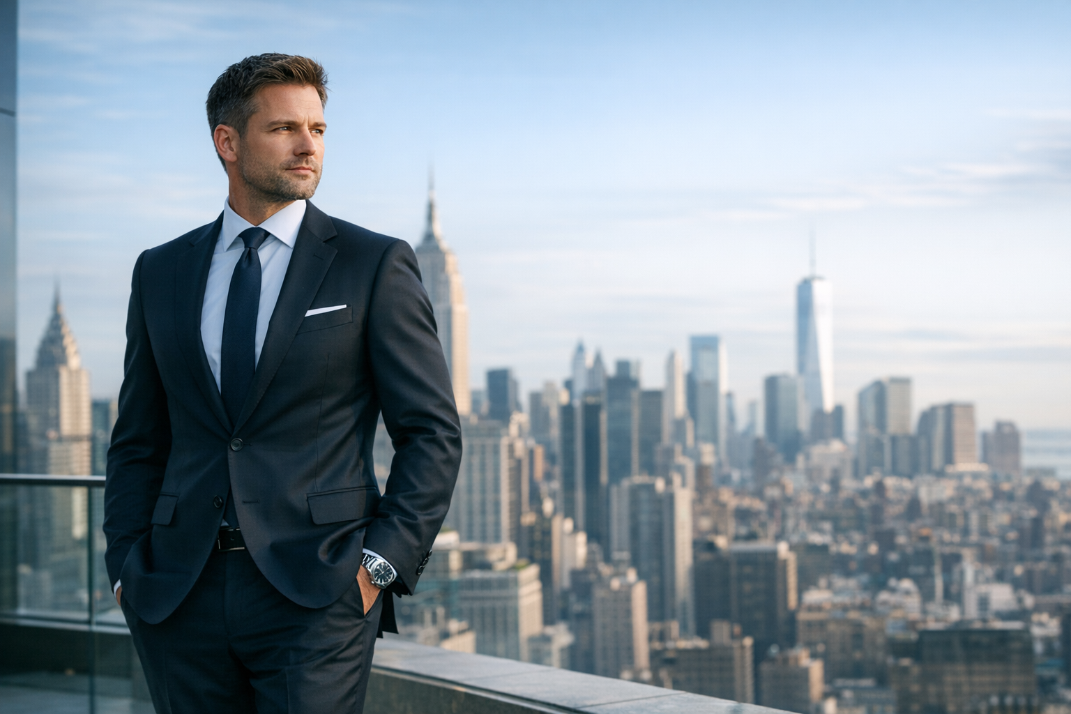 Business professional looking over the city
