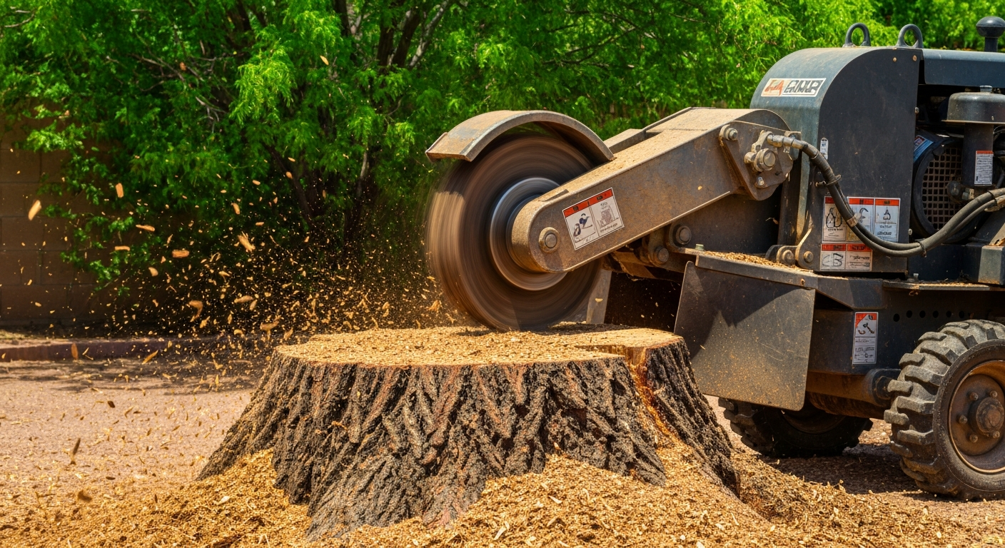 Industrial stump grinder in action