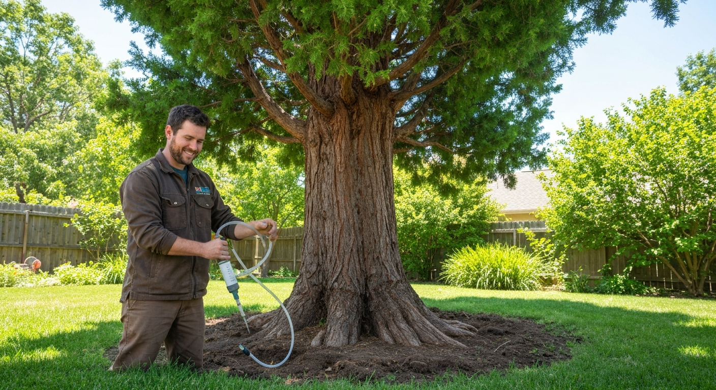 Arborist injecting deep root fertilizer