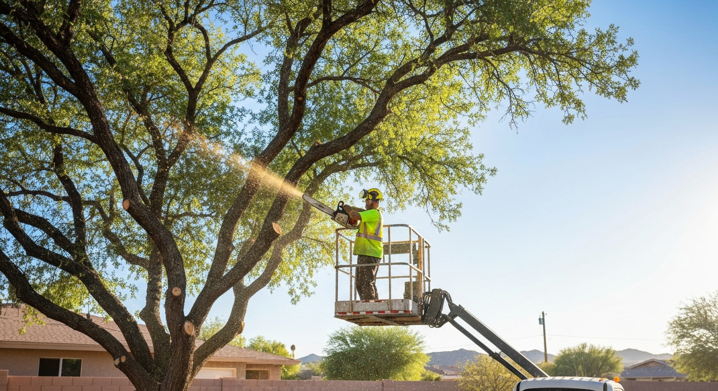 Arborist trimming tree branches on lift truck