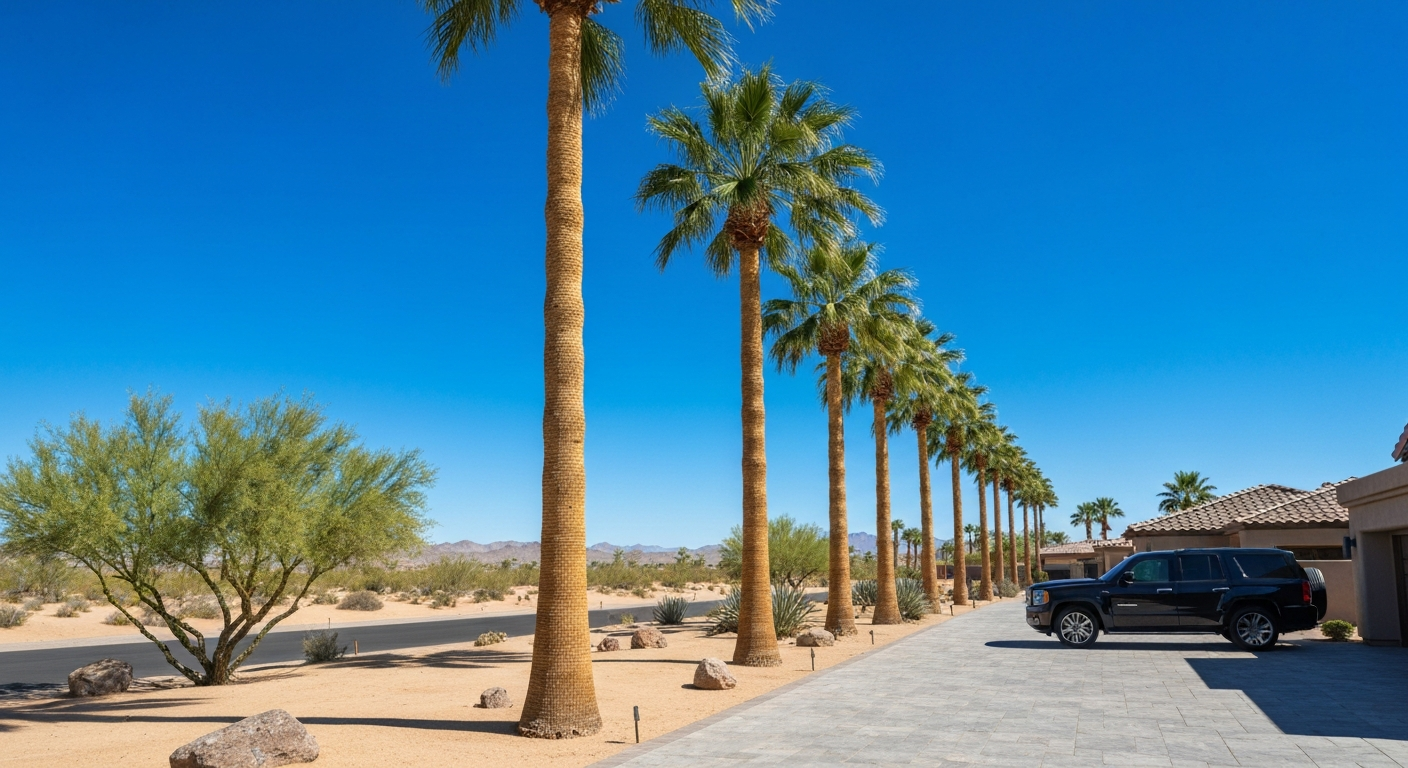 Row of skinned queen palms in Arizona