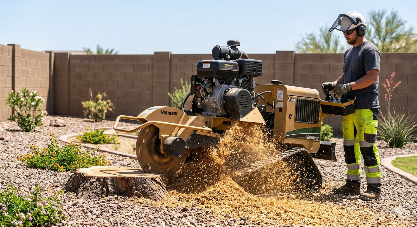 Industrial stump grinder in action