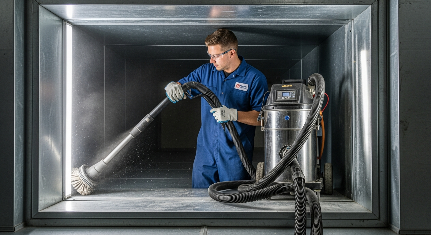 Professional HVAC technician cleaning commercial air duct