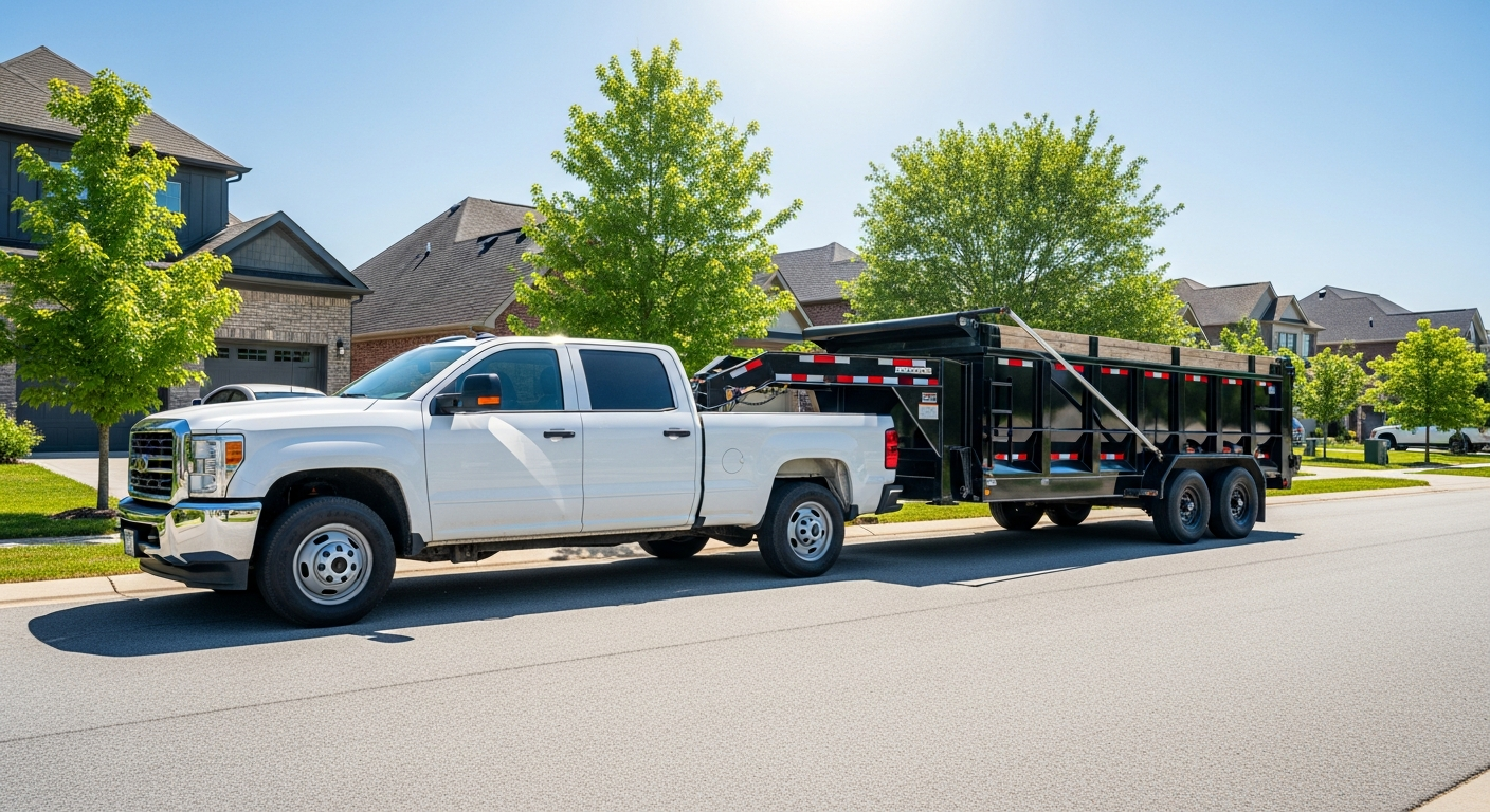 Professional junk removal truck and black dump trailer in the Nashville area