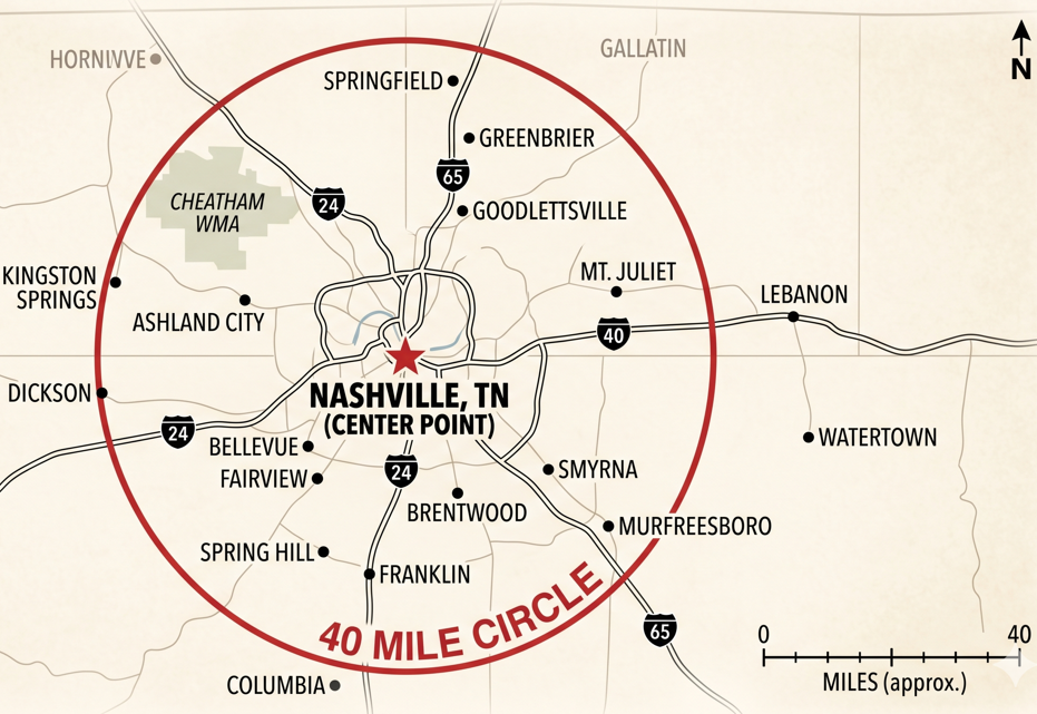 Nashville Area Service Map - 40 Mile Radius