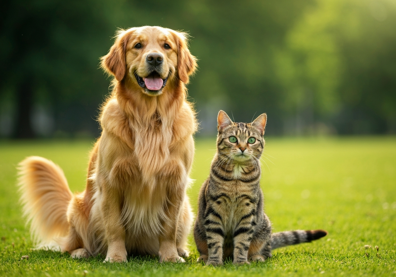 Happy dog and cat sitting together
