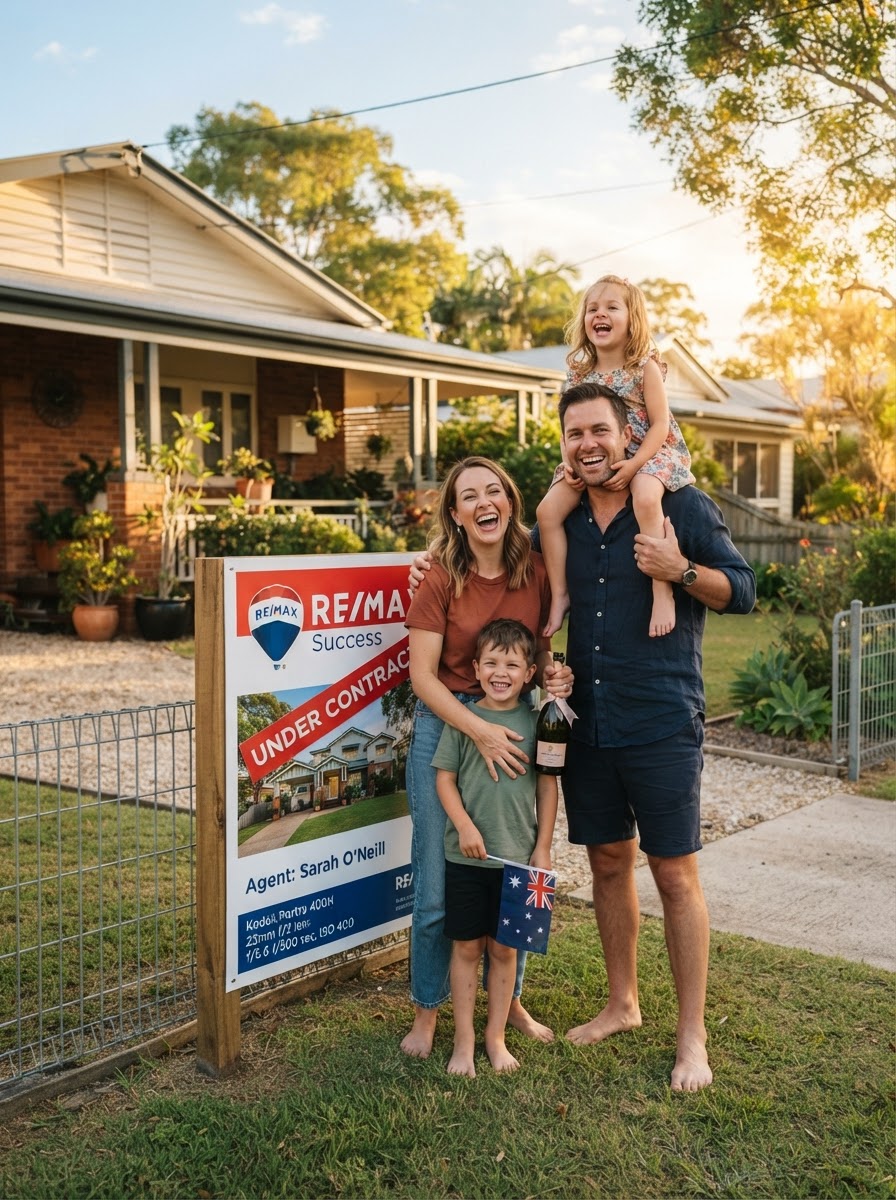 Happy homeowner in front of their sold signboard