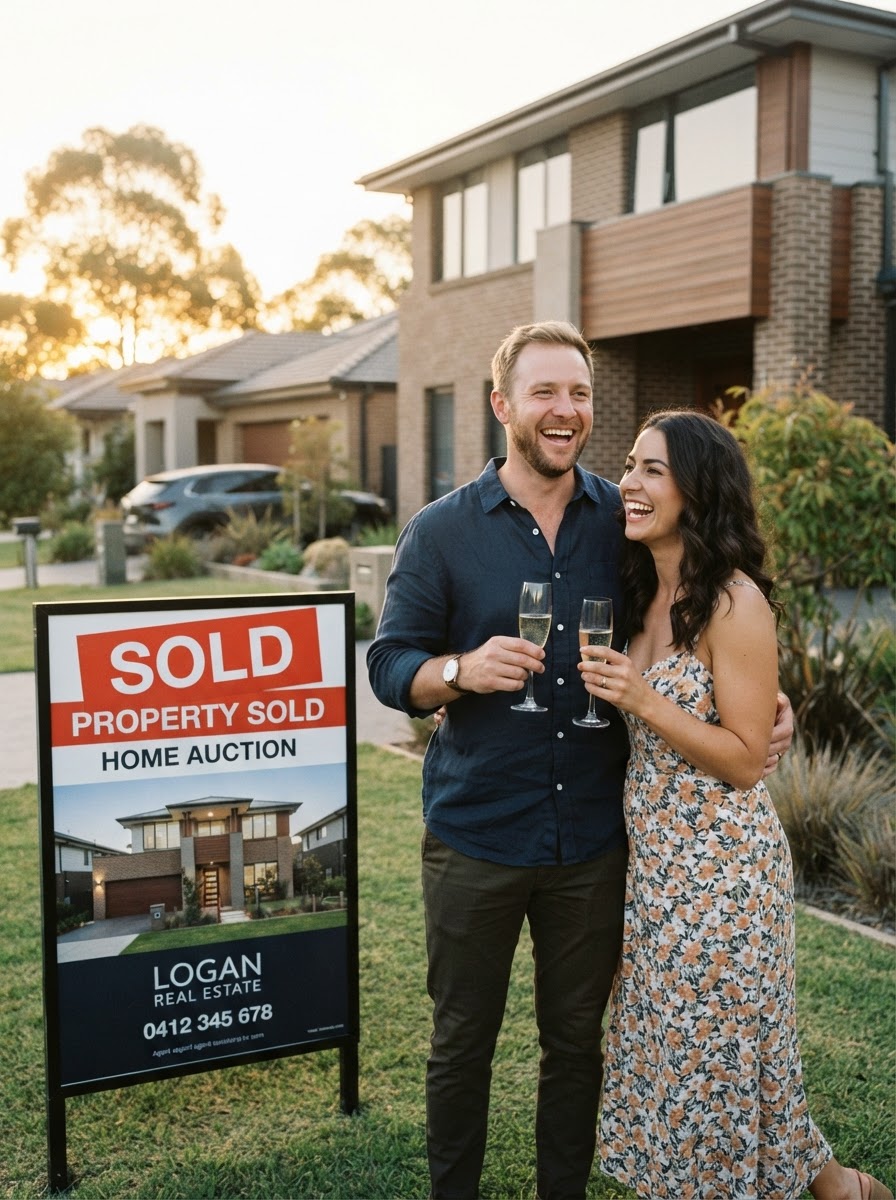 Happy homeowner in front of their sold signboard