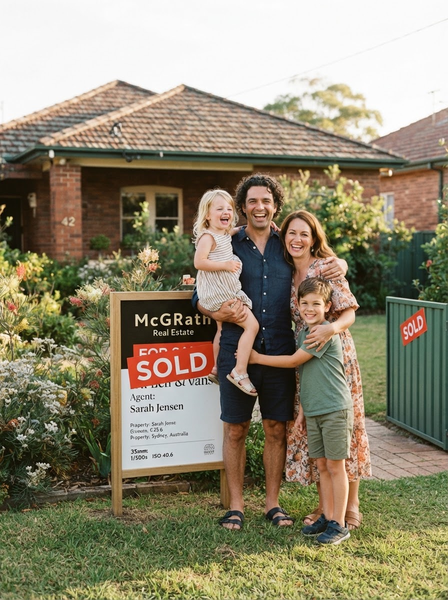 Happy homeowner in front of their sold signboard