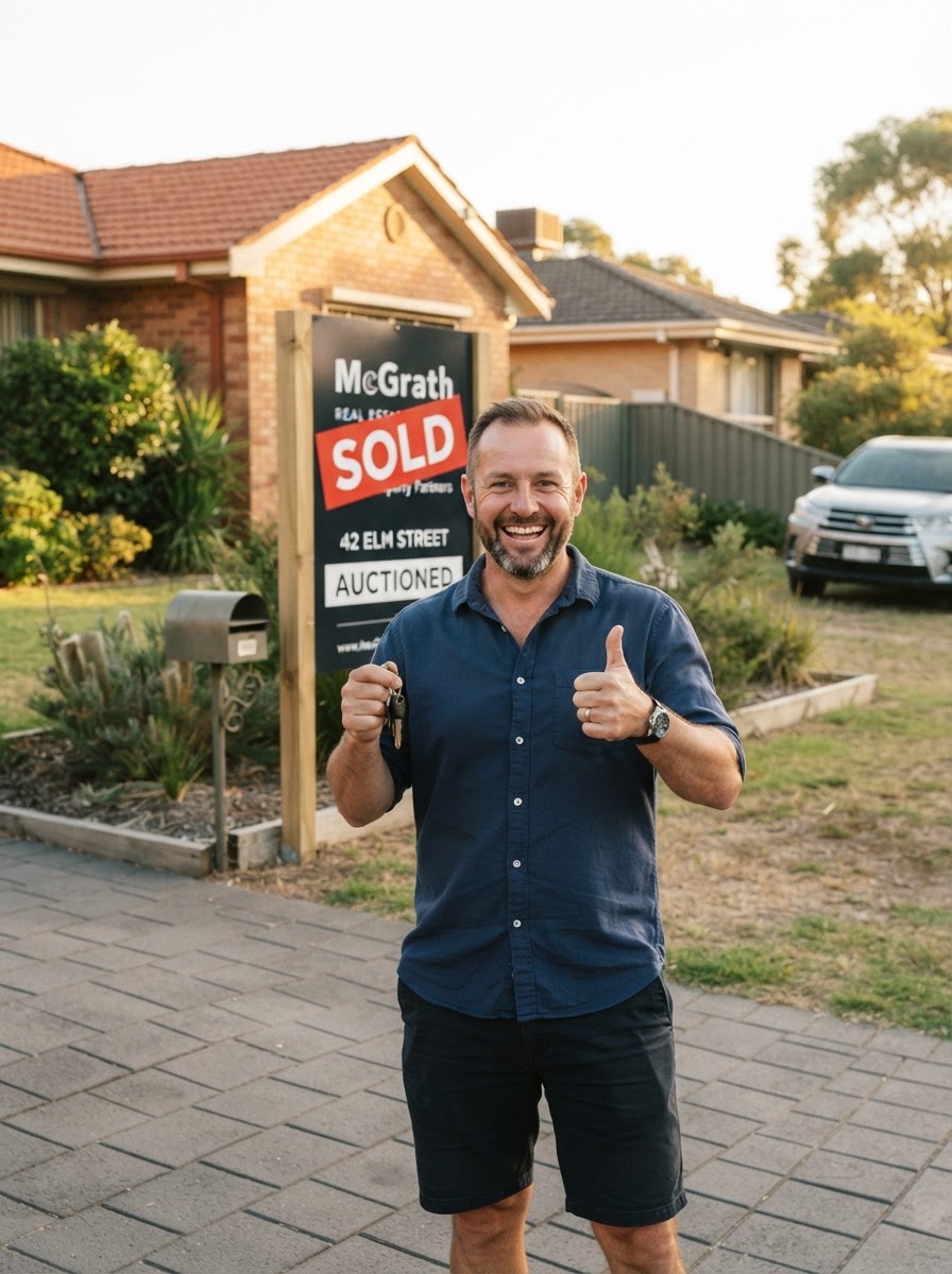 Happy homeowner in front of their sold signboard