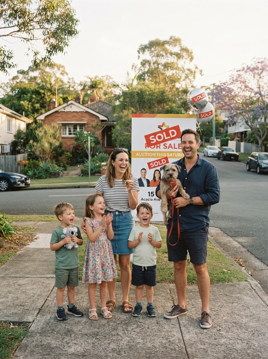 Happy homeowner in front of their sold signboard