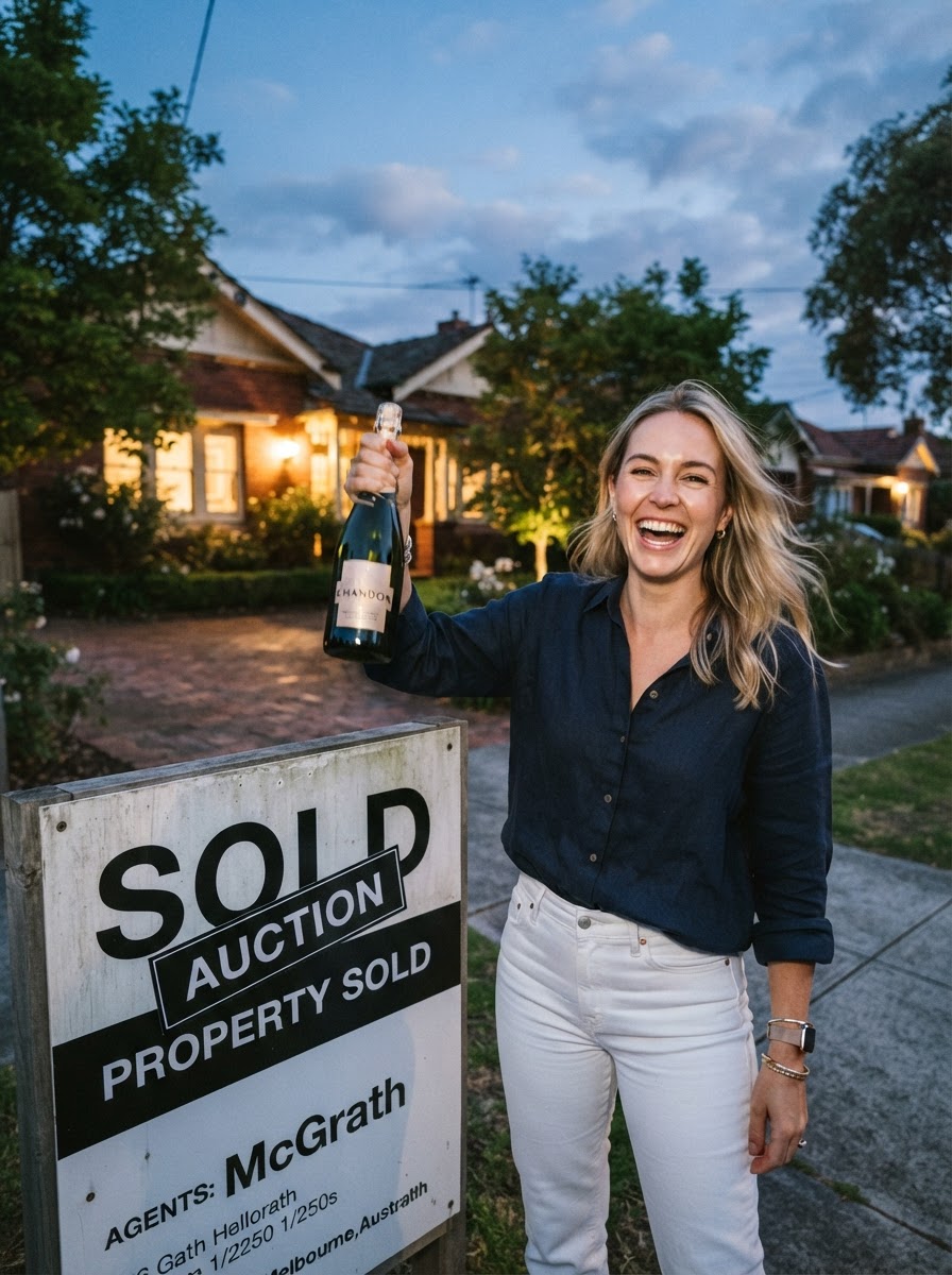 Happy homeowner in front of their sold signboard