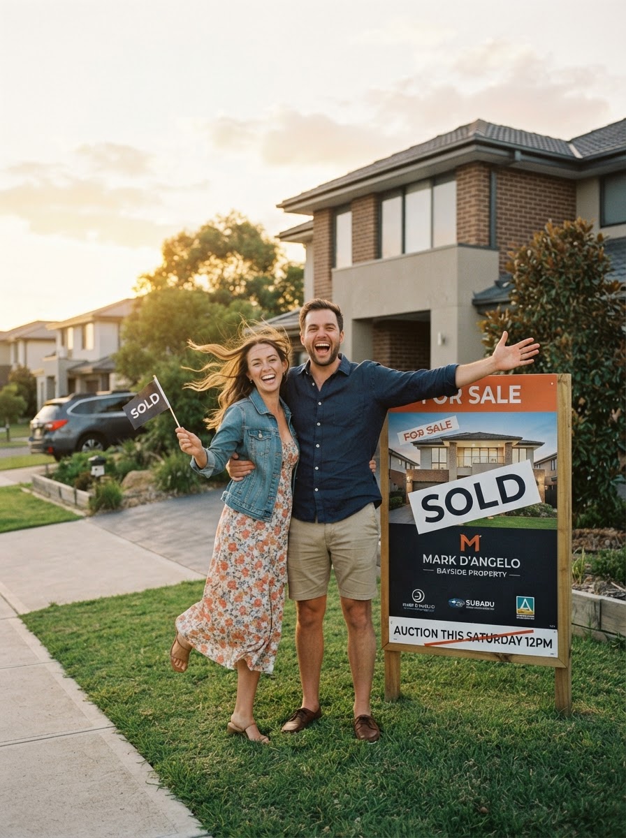 Happy homeowner in front of their sold signboard