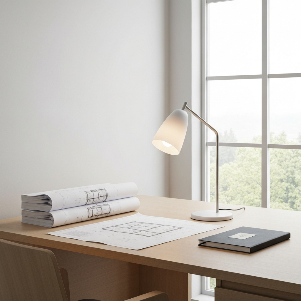 A well-organized workspace — a clean desk, a single lamp, and architectural plans.