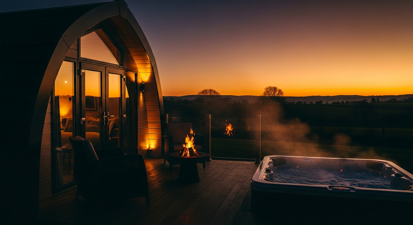 Luxury glamping retreat at golden hour