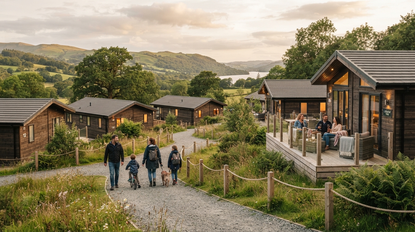 Realistic UK holiday park with timber lodges in the Lake District countryside at golden hour