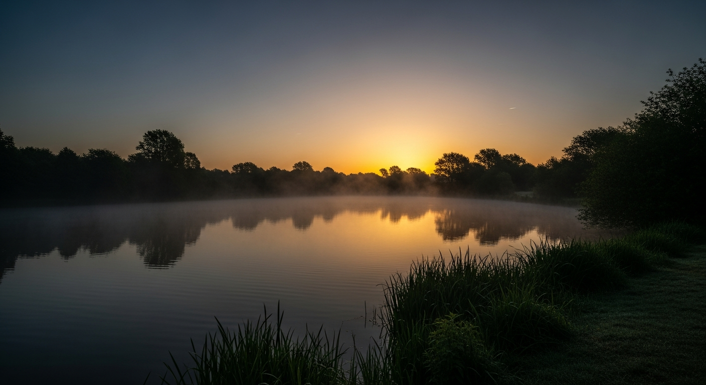 UK fishing lake at golden hour