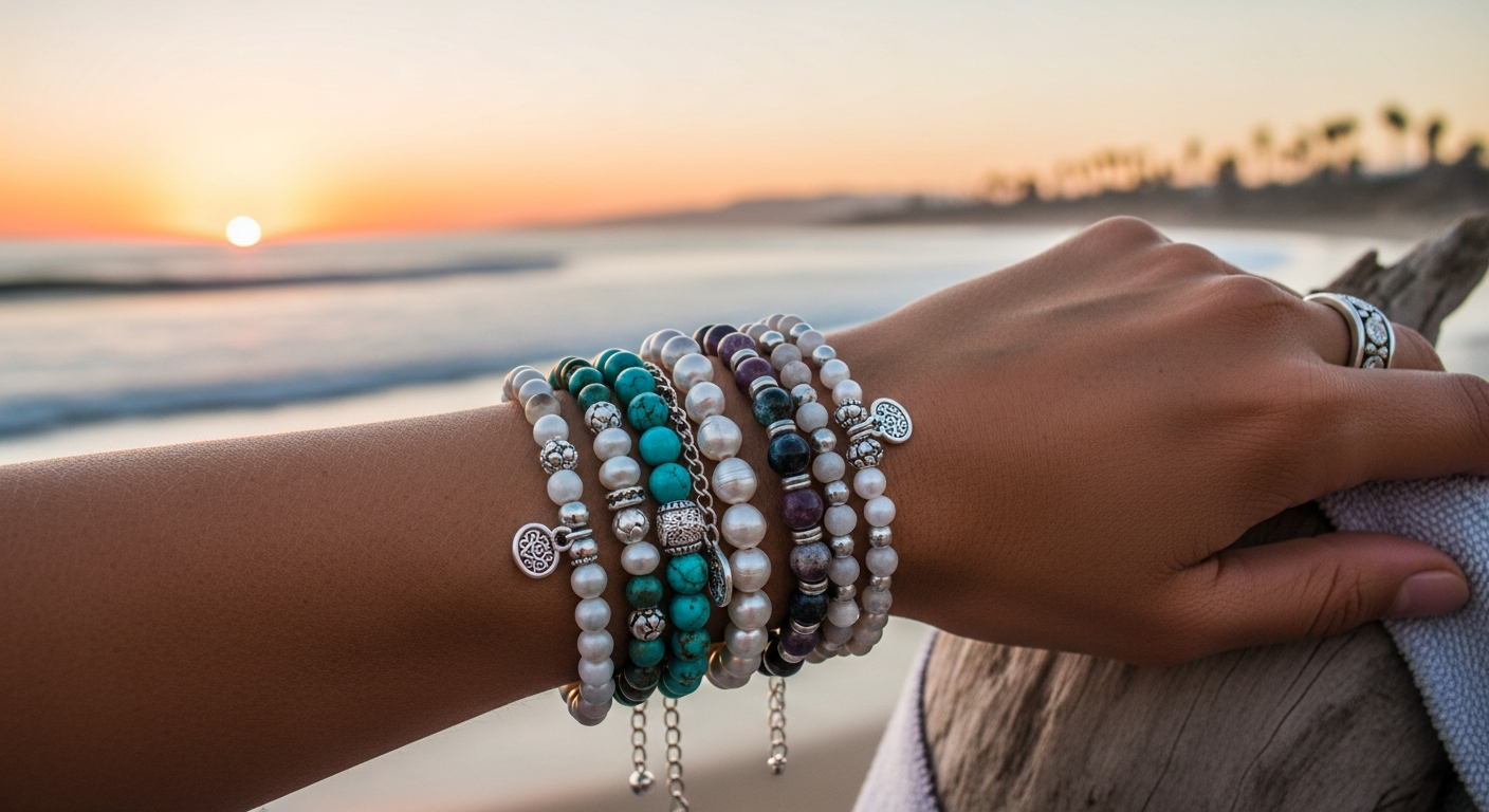 Woman wearing stackable bracelets on a San Diego beach