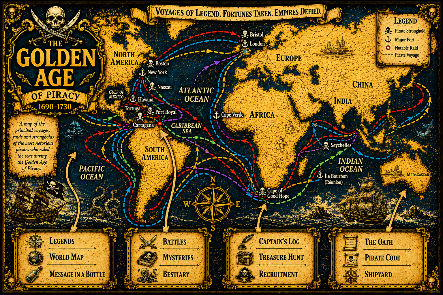 Voyages of Legend Map showing historical pirate raids across the Caribbean and Atlantic