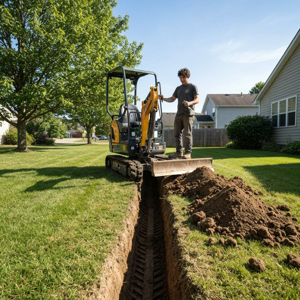 Mini excavator digging trench