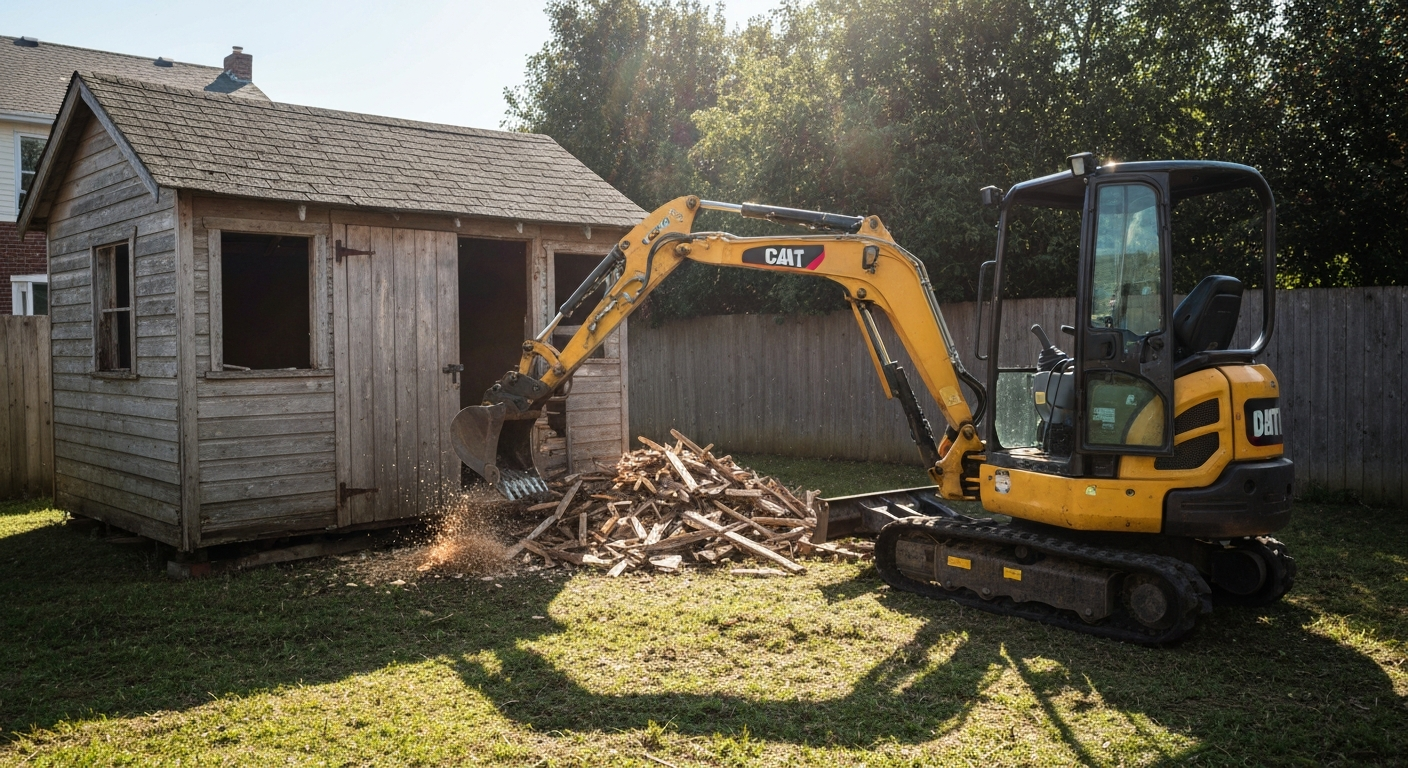 Small excavator demolishing a structure