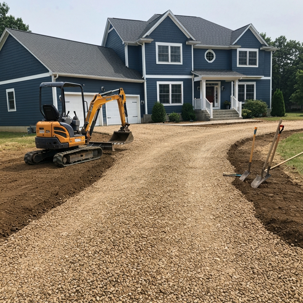 Driveway entrance with small excavator