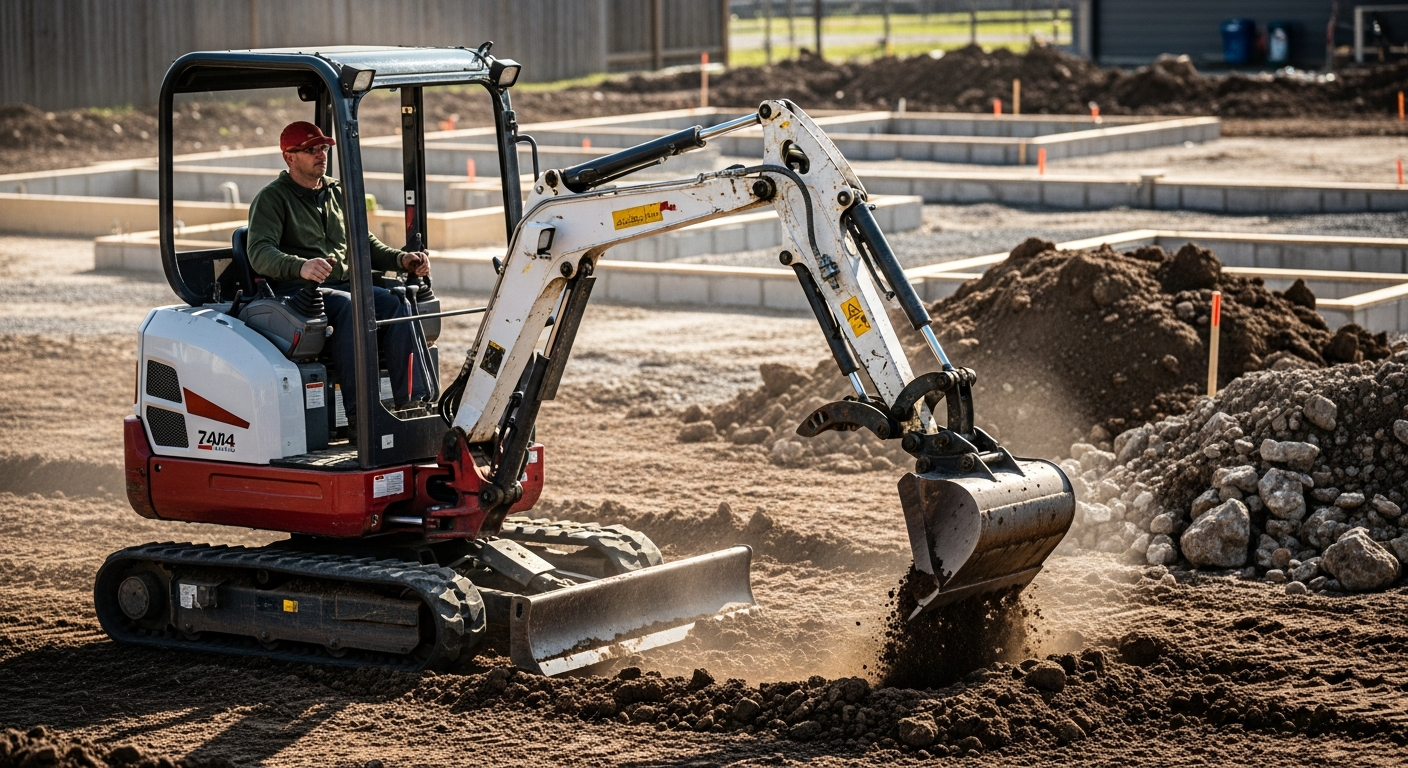 Small mini-excavator doing residential site prep