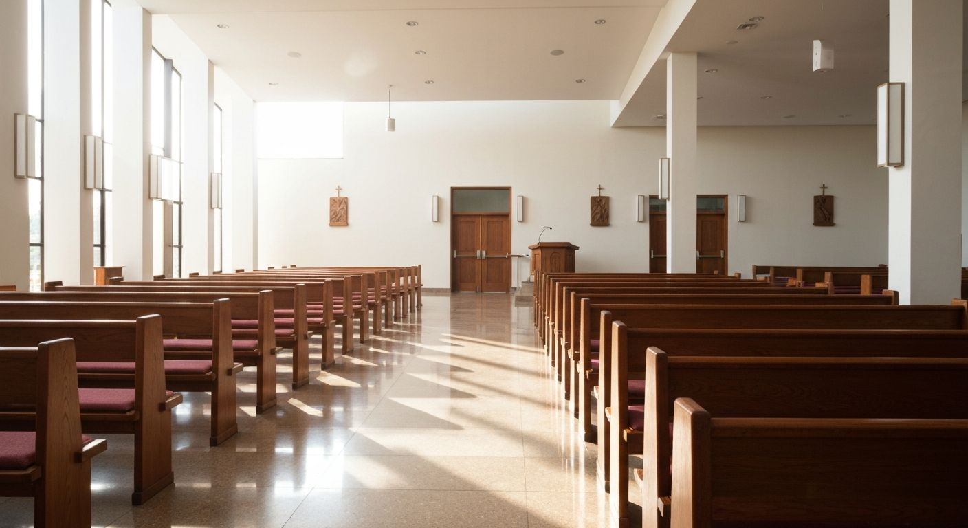Clean, peaceful church sanctuary with polished wooden pews