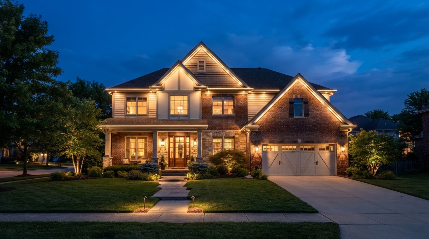 Permanent architectural lighting on a Central Illinois home at dusk