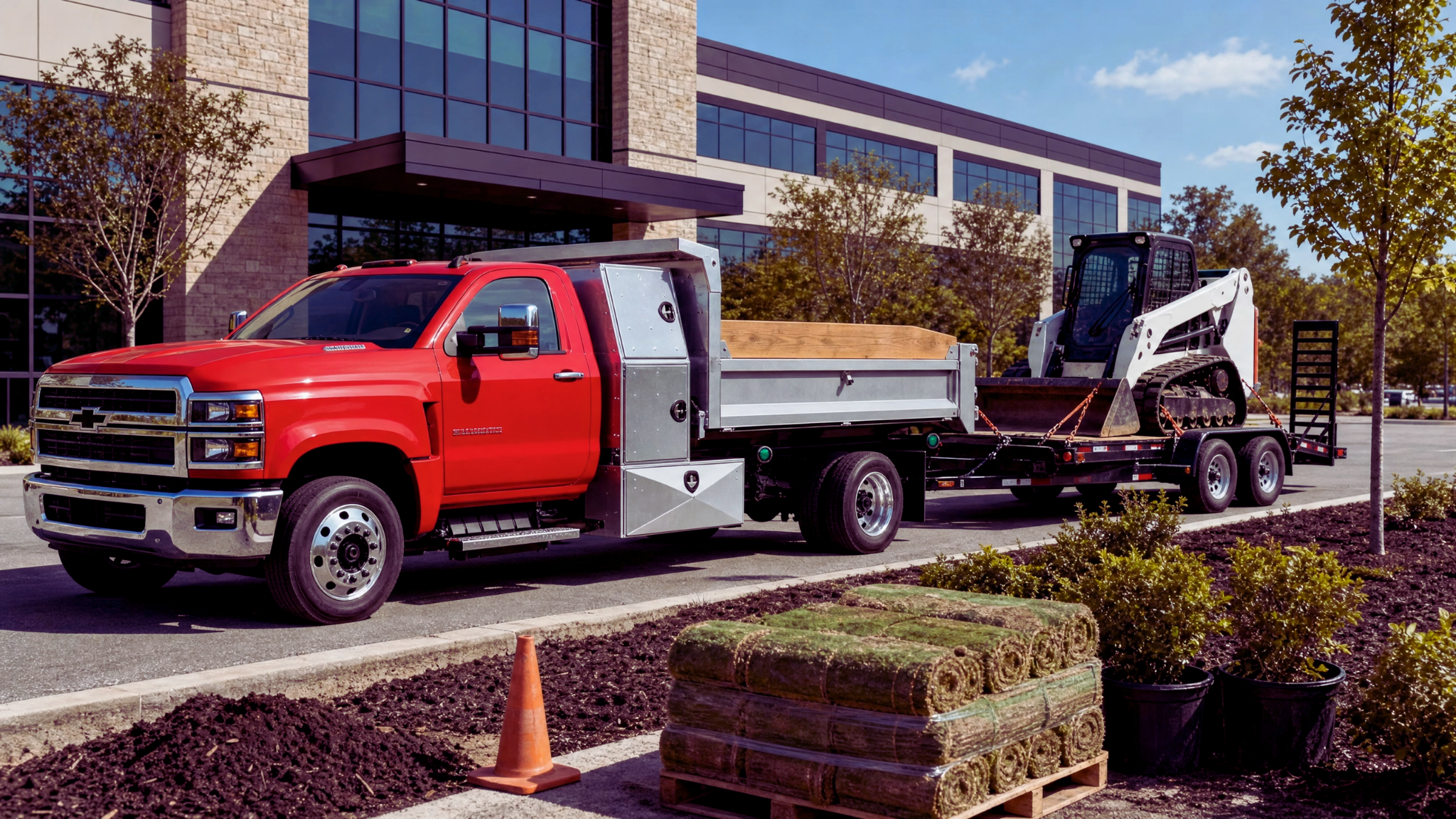 Rugged Chevy 5500 dump truck pulling a trailer with a skidsteer