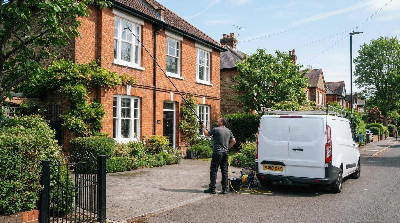 Professional window cleaner using a water-fed pole on a traditional British home exterior with consistent sash windows